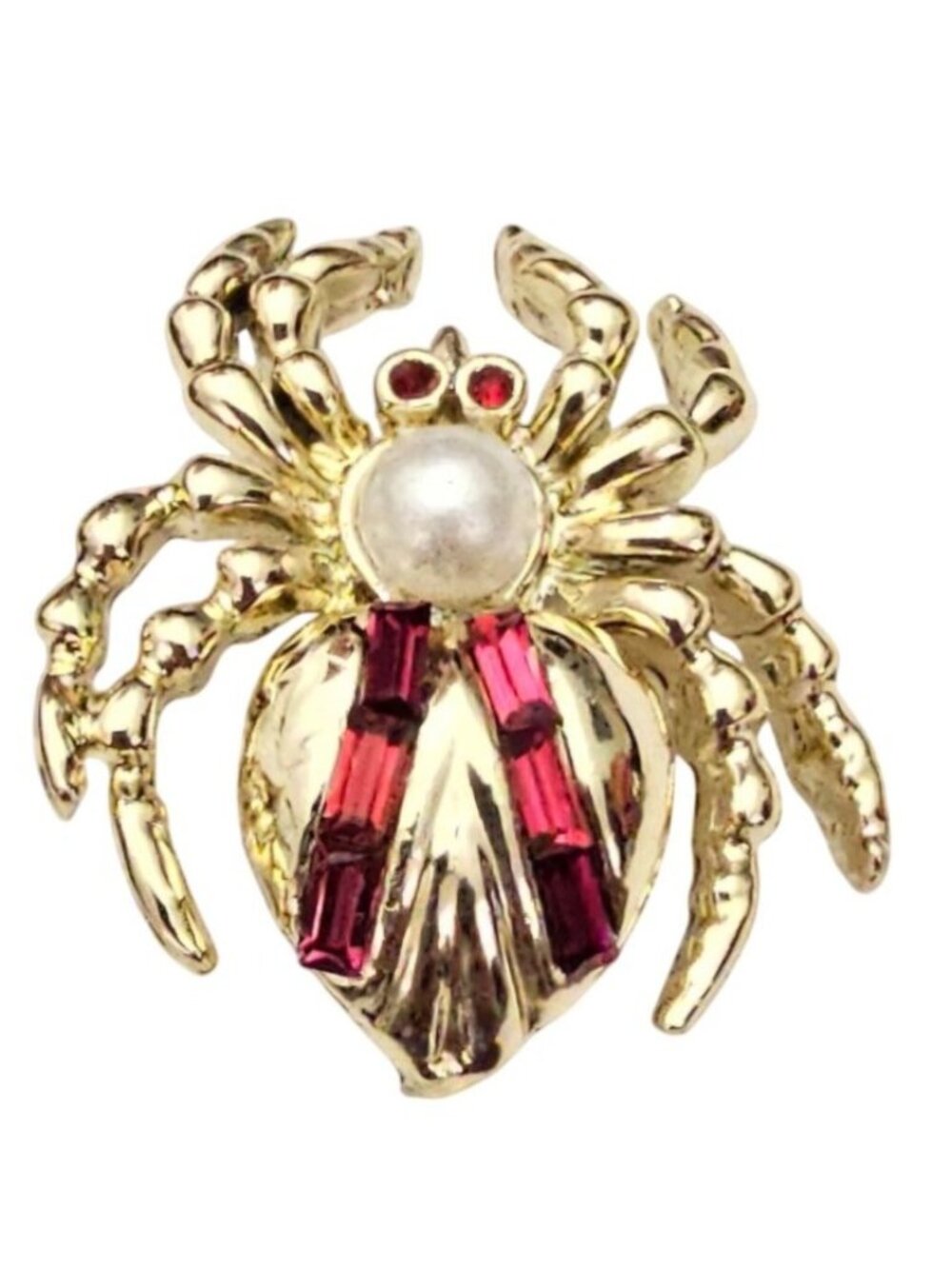 Spider Brooch Vintage Red Rhinestone Gold Tone Pin J895